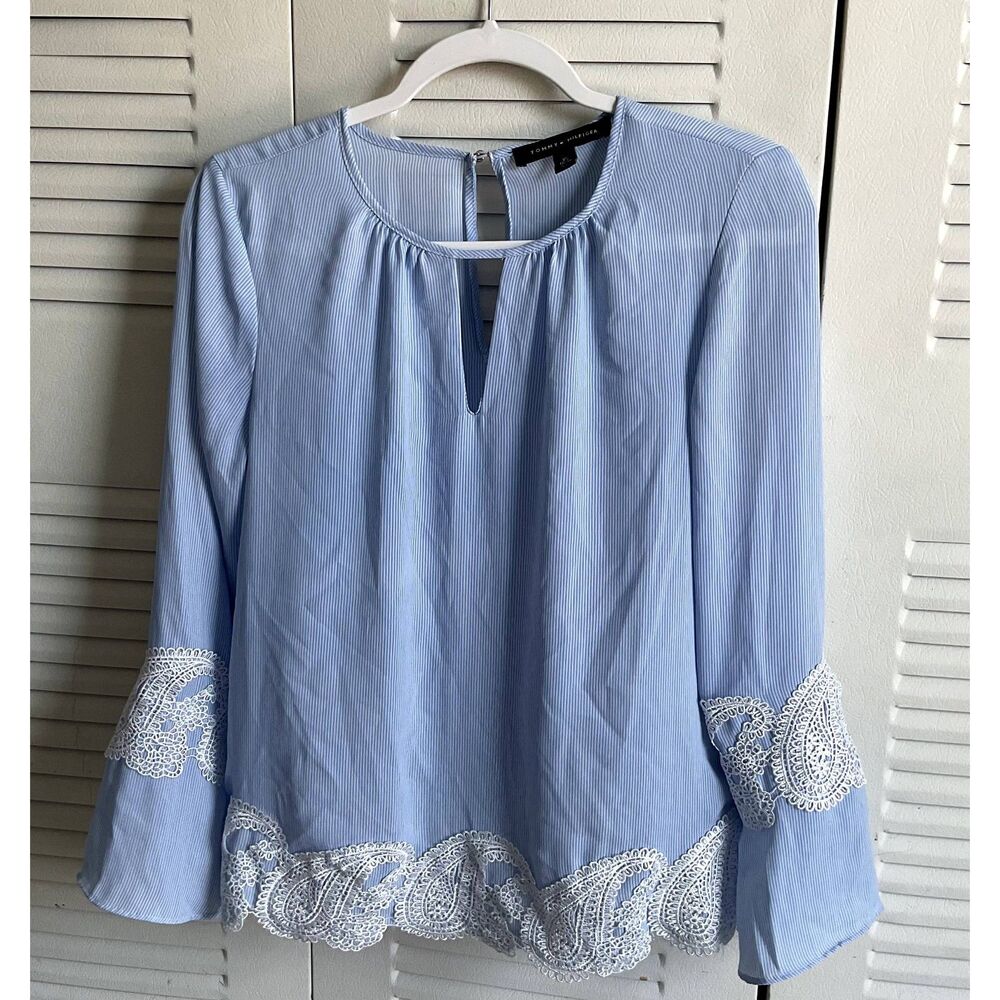 Tommy Hilfiger Women’s Striped Long Sleeve Blouse with Lace Trim Blue XS #5